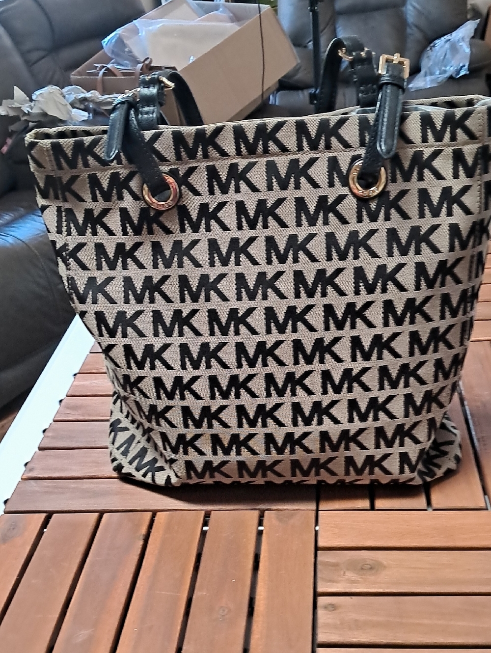 MOTHERS DAY...Michael Kors Black MK Logo Canvas Tote with Tan Background